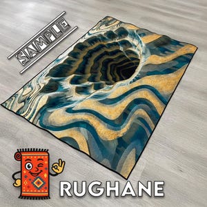 May include: A rectangular rug with a 3D optical illusion design. The rug features a swirling pattern in shades of blue, tan, and white, creating a visual depth effect. The word "SAMPLE" is printed on the rug. The word "RUGHANE" is printed on the rug.