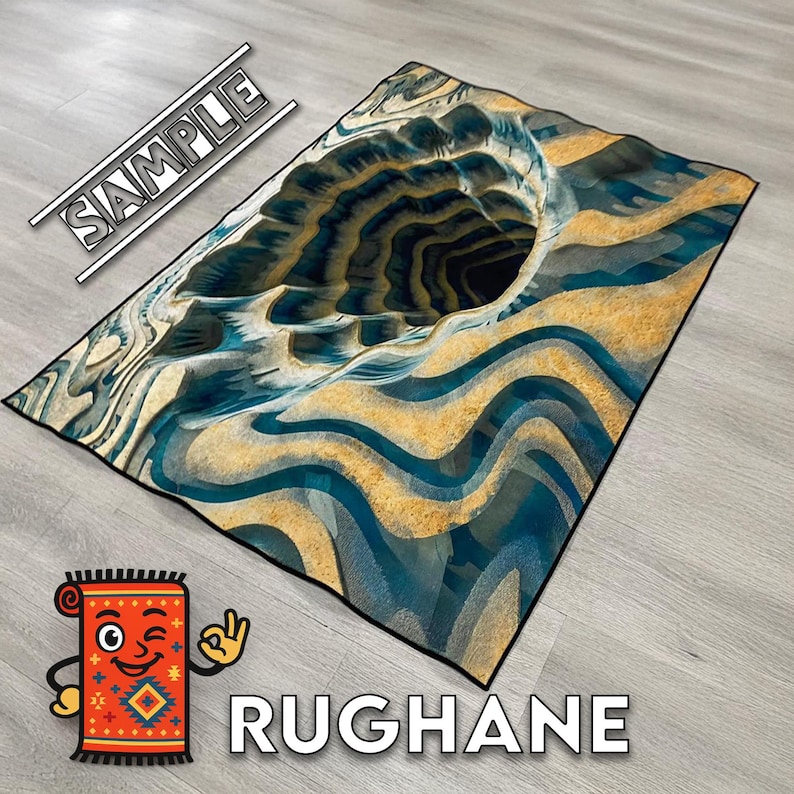 May include: A rectangular rug with a 3D optical illusion design. The rug features a swirling pattern in shades of blue, tan, and white, creating a visual depth effect. The word "SAMPLE" is printed on the rug. The word "RUGHANE" is printed on the rug.