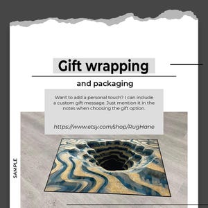 May include: Image promoting gift wrapping and packaging services. The image features a unique rug design with a hole in the center, showcasing a custom rug option. The text includes a shop URL and information about adding a custom gift message.