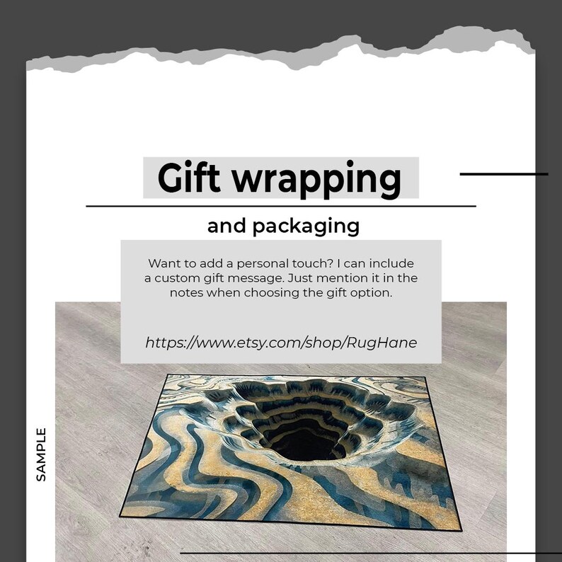 May include: Image promoting gift wrapping and packaging services. The image features a unique rug design with a hole in the center, showcasing a custom rug option. The text includes a shop URL and information about adding a custom gift message.