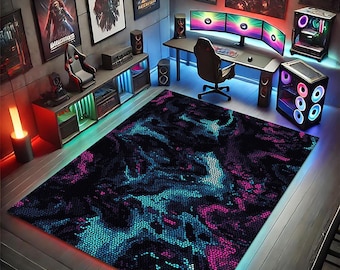 May include: A gaming room featuring a black, blue, and pink patterned rug. The room includes a desk with multiple monitors, a gaming chair, and a computer tower with colorful lights. Artwork and speakers are also visible.