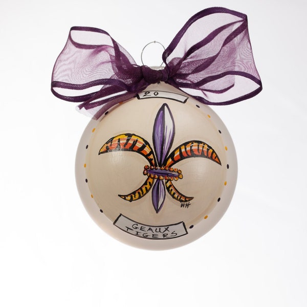 Purple and Gold Tiger Fleur de Lis Hand Painted Glass Ornament