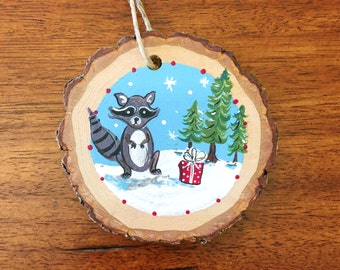 Raccoon | Hand Painted Wood Slice Ornament