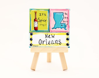 New Orleans "It's Spicy" | Mini Canvas + Easel (New Orleans Art, New Orleans Gift, Louisiana, NOLA, Miniature Art, Miniature Canvas)