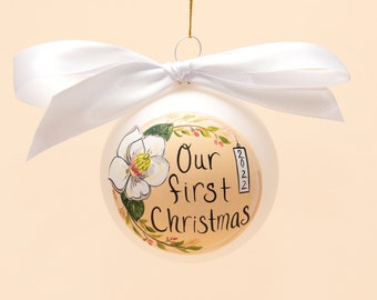 Our First Christmas | Hand-Painted Glass Ornament (Christmas Gift, Holiday Decor, First Christmas Gift, Christmas Ornament, Magnolia)