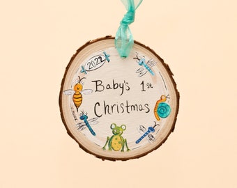 Baby's First Christmas (Blue) | Hand-Painted Wood Slice Ornament (Baby Ornament, Baby Gift, Baby Christmas, Baby Boy Ornament)