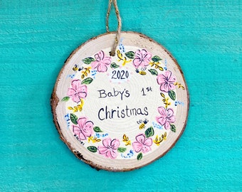 Baby's First Christmas (Pink) | Hand Painted Wood Slice Ornament