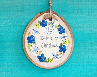 Baby's First Christmas (Blue) | Hand Painted Wood Slice Ornament