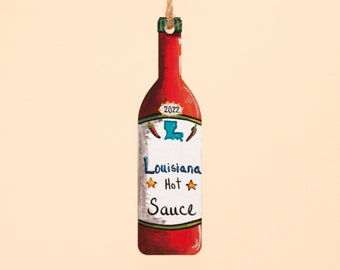 Louisiana Hot Sauce | Hand-Painted Wood Ornament (Christmas Gift, Holiday Decor, Christmas Ornament, Louisiana Ornament, Louisiana Gift)