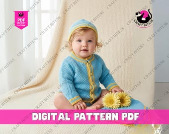 Baby Cardigan and Beanie Hat Knitting Pattern in Double Moss Stitch for Boys and Girls, DK 8 Ply Cotton Baby Sweater and Toddler Knit Design