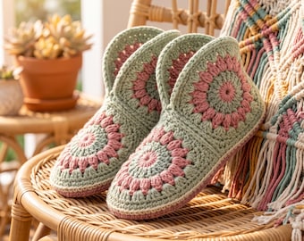 Patrón de pantuflas de ganchillo para mujer, calcetines de pantufla cuadrados de abuela, patrón de botas de pantuflas de ganchillo gruesas, diseño de pantuflas de ganchillo vintage