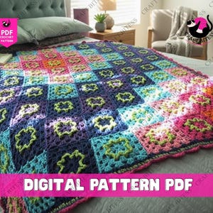 May include: A colorful, handmade crochet blanket with a square pattern. The blanket features a variety of colors, including blue, pink, green, and purple. The text "DIGITAL PATTERN PDF" is visible.