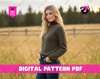 Patrón de punto para suéter raglán de arriba hacia abajo • Suéter sin costuras 4 en 1 para principiantes • Diseño de suéter estilo lino de fácil tejido en grosores DK y Worsted