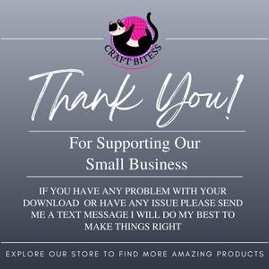 Pu&ograve; includere: Sfondo grigio con testo bianco che dice "Grazie!" e "Per supportare la nostra piccola impresa". L'immagine include un logo di un gatto nero con un gomitolo di lana rosa. Ulteriore testo fornisce informazioni sul supporto clienti.
