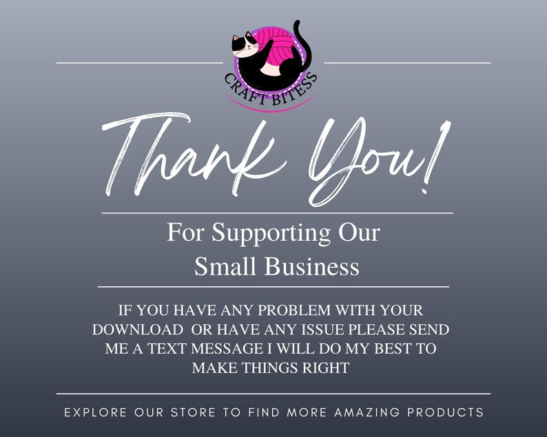 Pu&ograve; includere: Sfondo grigio con testo bianco che dice "Grazie!" e "Per supportare la nostra piccola impresa". L'immagine include un logo di un gatto nero con un gomitolo di lana rosa. Ulteriore testo fornisce informazioni sul supporto clienti.