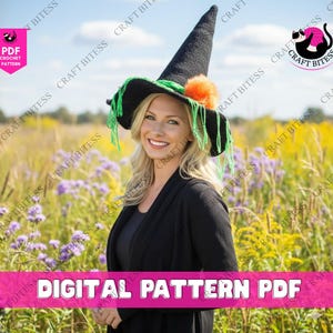 May include: A black crochet witch hat with a pointed top, green fringe, and an orange pom-pom. The hat is worn by a person in a black cardigan. The image includes the text "DIGITAL PATTERN PDF".
