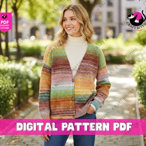 May include: A multi-colored, striped cardigan with a V-neck and button closure. The sweater features shades of yellow, orange, brown, and blue. The image also includes text that reads "DIGITAL PATTERN PDF".