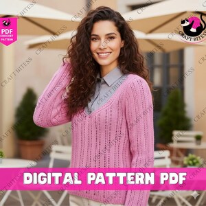 May include: A woman in a light pink V-neck crochet sweater. The image includes text that reads "PDF Crochet Pattern" and "Digital Pattern PDF". The background shows outdoor seating and umbrellas.