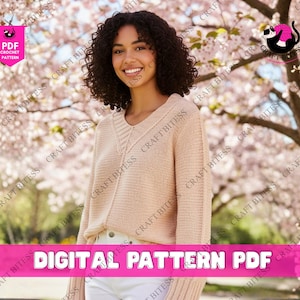 May include: A woman wearing a light peach-colored knit sweater with a V-neck. The image includes the text "DIGITAL PATTERN PDF" in a pink banner. The background features blooming pink flowers.