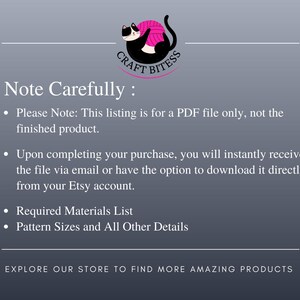 Pu&ograve; includere: Grafica con il logo Craft Bitess, un gatto nero con una palla di filo rosa. Il testo su sfondo grigio recita "Note Carefully:" seguito da dettagli su un file PDF, inclusi materiali richiesti e dimensioni dei modelli. "Esplora il nostro negozio per trovare prodotti pi&ugrave; sorprendenti."