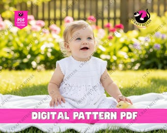 Patrón de vestido de bautizo de punto para bebé, vestido tradicional de bendición con gorro y patucos, diseño clásico de traje de bautizo para bebé.