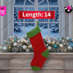 May include: A red and green crocheted Christmas stocking with the text "Length: 14". The stocking is displayed in front of a decorated mantelpiece with a winter scene in the background. The stocking measures 14 inches in length.