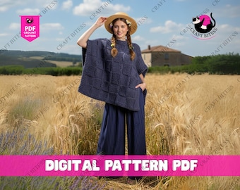 Knitted poncho pattern for women with turtleneck design, beginner friendly knit poncho pattern, cozy swancho sweater poncho pattern