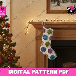 May include: A handmade crochet Christmas stocking with a floral design hangs above a fireplace. The stocking features white, blue, green, and purple colours. The text "DIGITAL PATTERN PDF" is at the bottom of the image.