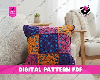 May include: A square crochet pillow with a patchwork design. The pillow features a combination of purple, orange, and pink squares, with a blue center. The text "DIGITAL PATTERN PDF" is visible at the bottom. The pillow is placed on a cream-colored sofa.