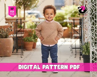 Patrón de punto para cárdigan raglán infantil • Diseño de jersey de punto trenzado de arriba abajo para niños pequeños y niños • Descarga instantánea del patrón de punto en PDF