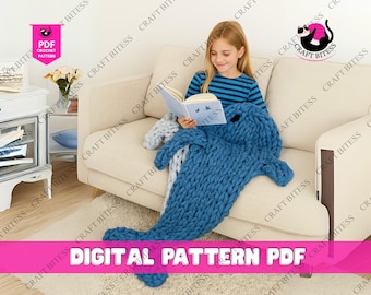 Modello per sacco nanna a forma di delfino lavorato a maglia, modello per coperta a forma di animale per bambini, coperta a maglia grossa in stile coda di sirena, modello fai da te per maglia