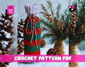 Modello di borsa per il vino natalizia lavorata a maglia, regalo di Natale facile da realizzare a maglia, portabottiglie festivo, decorazioni natalizie fatte a mano, copribottiglie fai da te lavorato a maglia