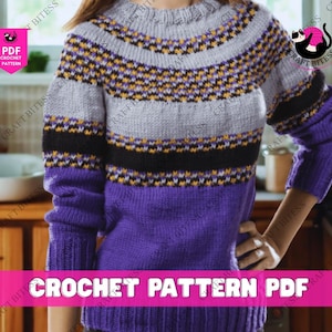 May include: A purple, gray, black, and yellow crochet sweater. The sweater has a round neck and long sleeves. The text "CROCHET PATTERN PDF" is displayed in a pink banner at the bottom of the image.