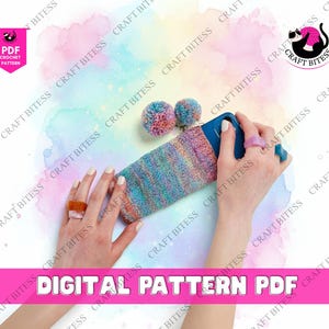 May include: A digital PDF crochet pattern for a phone sleeve. The sleeve is multicolored with a textured design. The image also shows two pom-poms, a blue phone, and rings. The text "DIGITAL PATTERN PDF" is displayed.