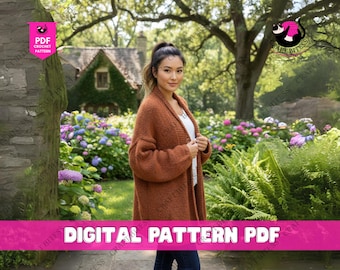 May include: A woman wearing a rust-colored, open-front cardigan. The image features a garden setting with a house in the background and the text "DIGITAL PATTERN PDF". The cardigan is a knitted design, and the overall theme is related to crochet patterns.