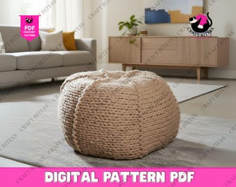 Modello per pouf in maglia grossa per l'arredamento della casa, modello per pouf lavorato a mano, cuscino da pavimento lavorato a maglia fai da te, pouf poggiapiedi all'uncinetto, accogliente pouf lavorato a maglia