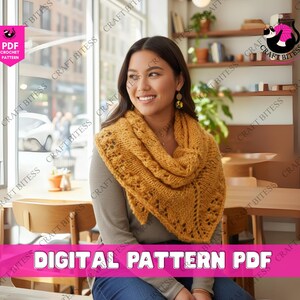 May include: A mustard yellow crochet shawl with a textured design. The shawl is draped over the shoulders. The image also includes text that says "DIGITAL PATTERN PDF".