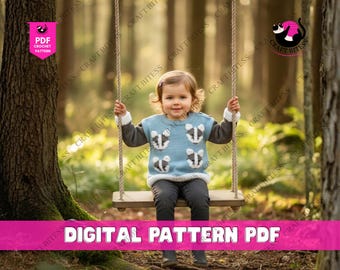 May include: A young child sits on a wooden swing, wearing a light blue sweater with raccoon designs. The sweater has white trim and gray sleeves. The image includes text that reads "DIGITAL PATTERN PDF". The background is a blurred forest.