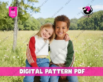 Modello di maglia a righe per bambini in PDF, maglione con scollo rotondo / Taglie 3–7 anni, torace 24 e 32 / Modello di maglia facile da stampare e scaricare