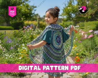 Modello di gilet all'uncinetto per bambine e bambine, motivo Boho Grandma Square, top all'uncinetto per bambini, design di vestiti all'uncinetto per principianti