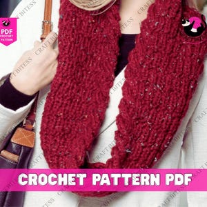 May include: A red crocheted infinity scarf with flecks of color. The scarf is wrapped around a person's neck and shoulders. The image includes the text "CROCHET PATTERN PDF".