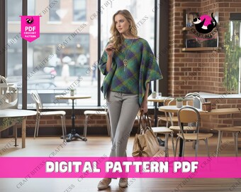 Patrón de poncho de crochet con diseño de cabaña de troncos Maple Lodge, diseño de puntada de trigo, chal con capucha para mujer y patrón de poncho para niños pequeños y adultos.