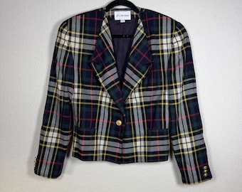 Vintage 100% Wolle Tartan Karierter Blazer Kurzer Knopf Academia Business 10