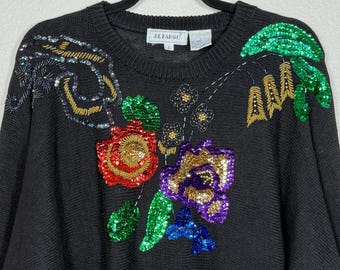 Vintage 1990s Floral Sequin Open Knit Sweater Dolman Sleeve Chic Glam City Sz LG