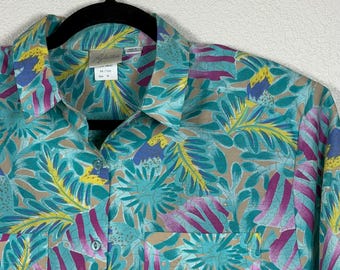Camicia vintage anni '90 con stampa tropicale vivace e colorata su tutta la superficie, maniche corte e bottoni, taglia M