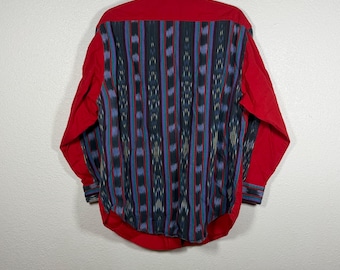 Camicia da uomo vintage anni '80 a maniche lunghe, stile western, con bottoni, taglia M, stile cowboy, rodeo, azteco