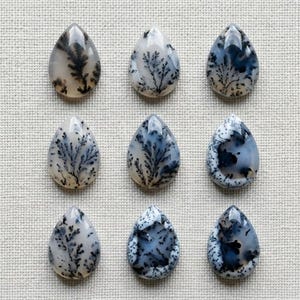 Può includere: Nove cabochon di agata dendritica a forma di goccia disposti in una griglia tre per tre. Ogni pietra presenta una base bianco sporco traslucida con inclusioni uniche color marrone scuro o nero che ricordano motivi ramificati.