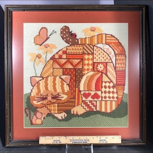 VINTAGE Mid Century Modern Cat or Kitty with Mouse NEEDLEPOINT Framed Fiber Arts Needle Work Needlework MCM Initials & Date 1970s - 1983