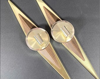 Pair of 2 Vintage Starburst Mid Century Modern Candle Sconces Atomic Era MCM 1960s - Brasstone metal with Dimensional Faux Wood panels