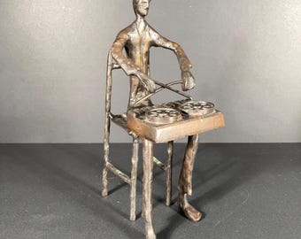 1960s Brutalist Musician Lost Wax Bronze Sculpture, 8.5 inches tall